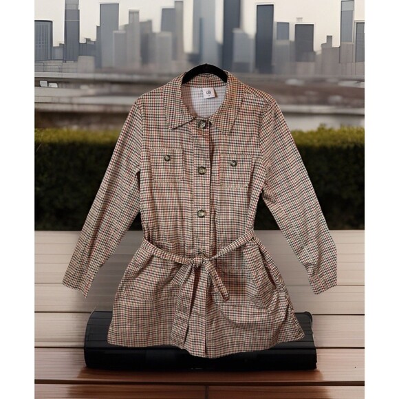 CAbi Sherlock Trench Coat‎ Women's Med Houndstooth Belted Preppy Academia Office - Picture 1 of 11